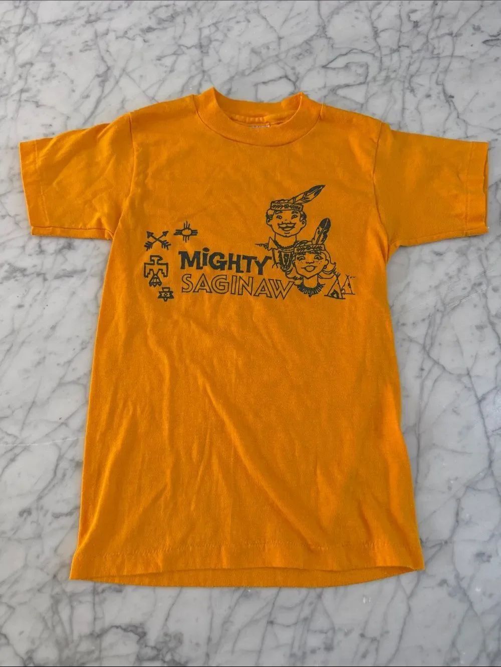 VTG Mighty Saginaw Indian Camp Out Orange Kids Graphic Tee Sz 6/7